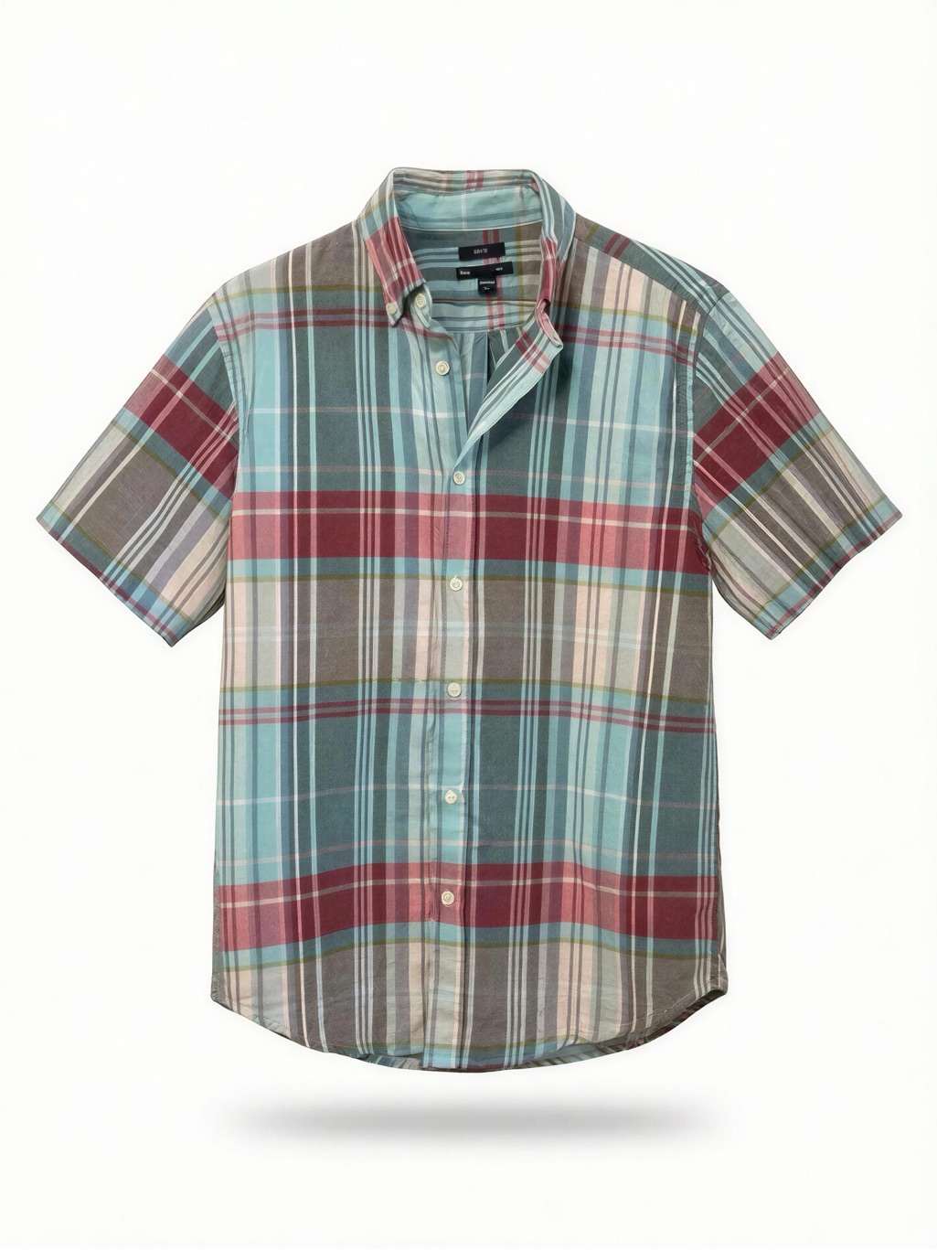 Gap Short-Sleeve Plaid Button-Down Shirt - Aqua, Burgundy & Gray